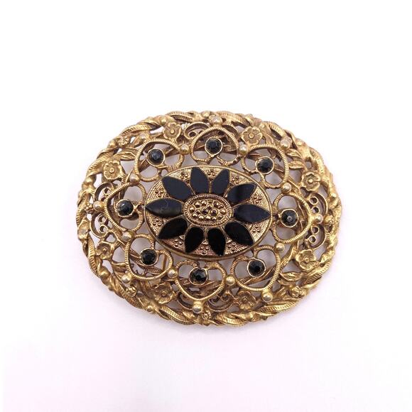 Vintage Large Brooch With Obsidian Stone Floral Design Gold Tone Filigree - Picture 3 of 7